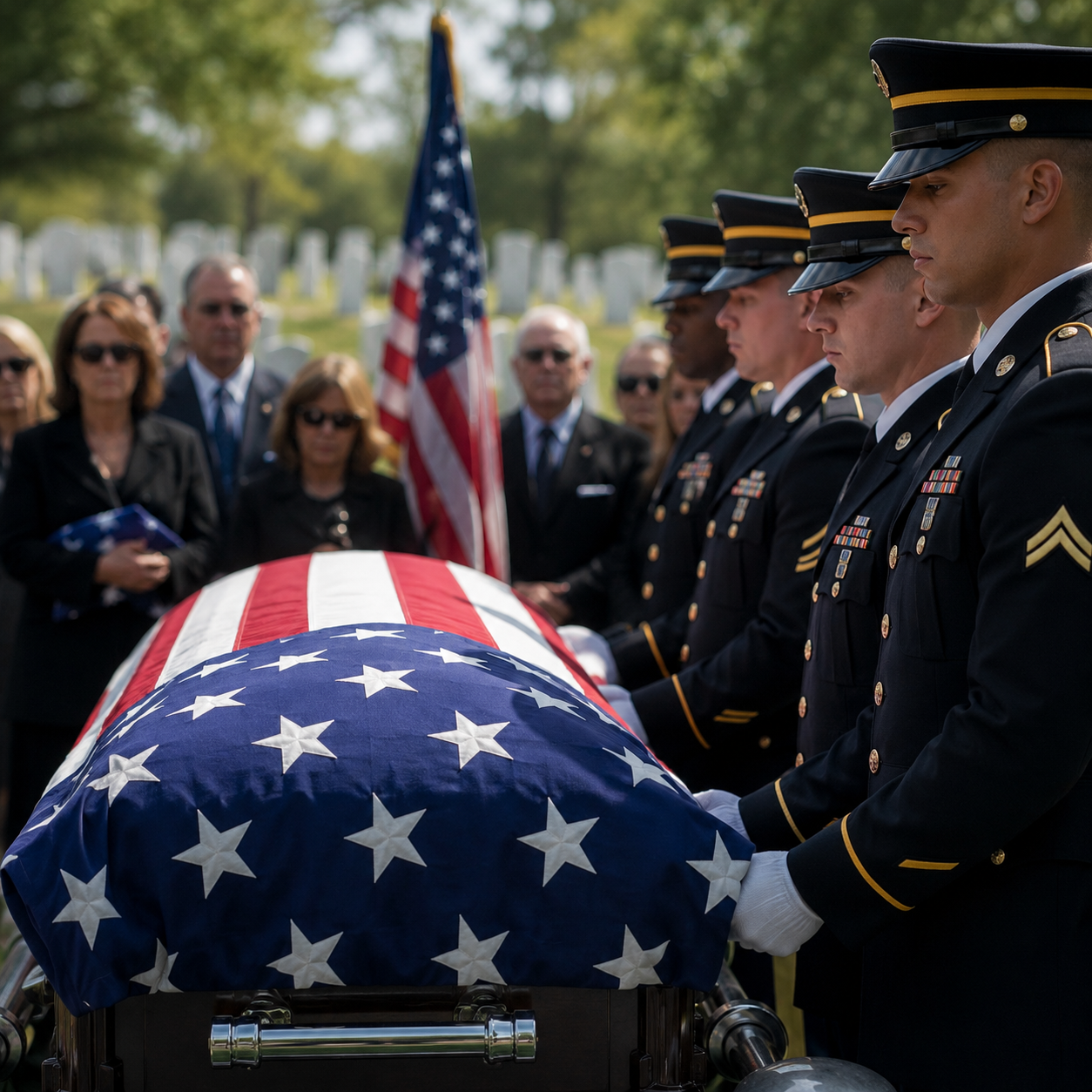 Military honor guard carrying a flag-draped casket at a national cemetery as family looks on