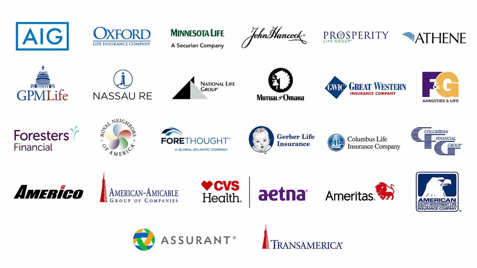 Logos of trusted insurance carriers including AIG, Mutual of Omaha, Transamerica, Aetna, and more