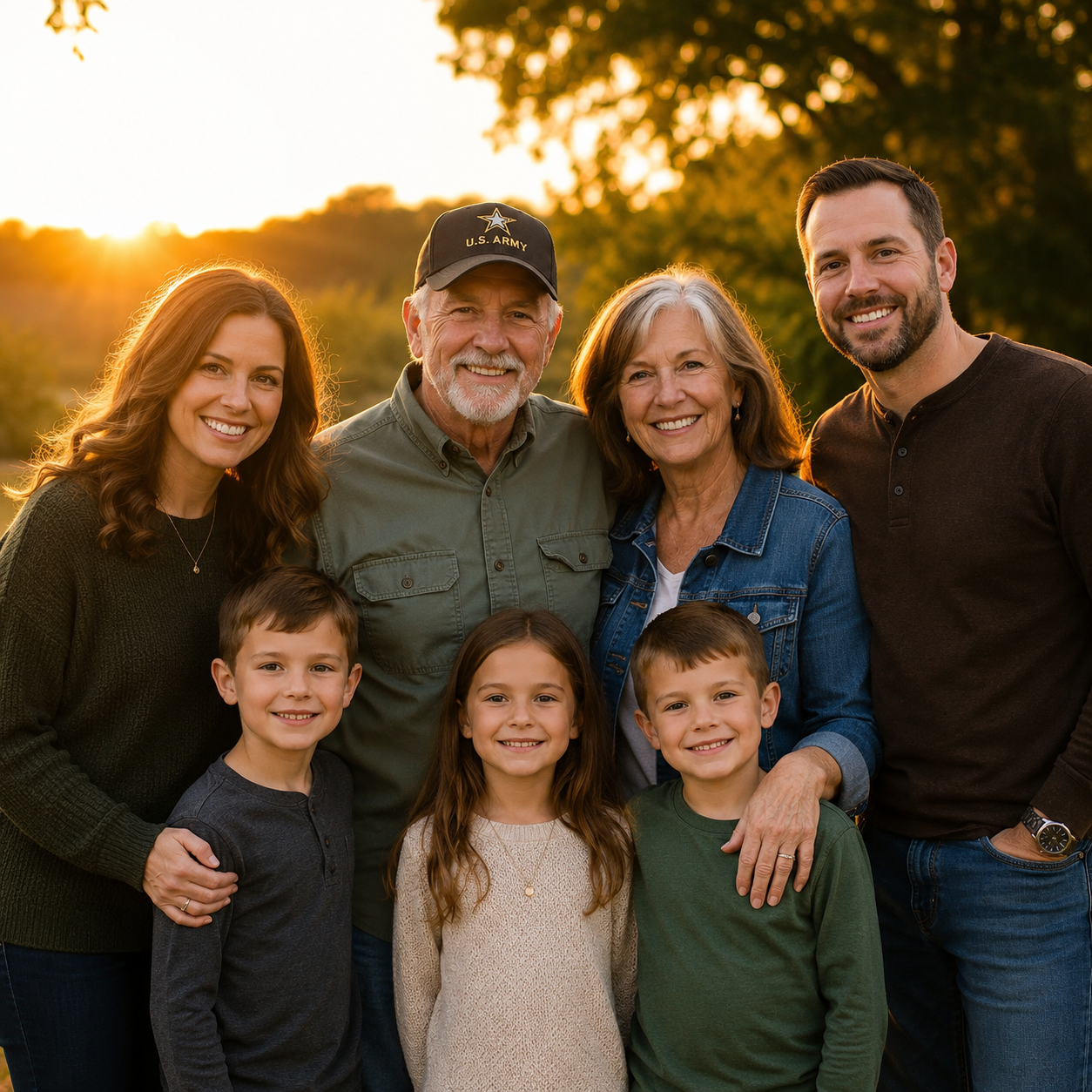 Three generations of a Veteran's family smiling together outdoors